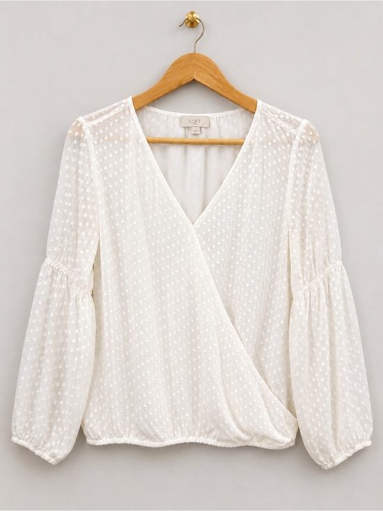 LOFT Tops - LOFT White Swiss Dot Wrap Blouse XS Long Sleeve V-Neck Balloon Sleeve Boho Top